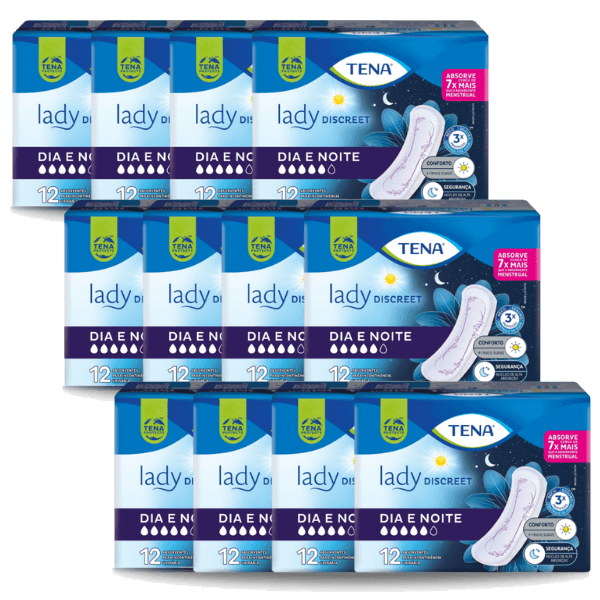 CAIXA COM 12 PACOTES DE ABSORVENTE TENA LADY DISCREET DIA E NOITE ABSORVENTE TENA LADY DISCREET DIA E NOITE 12un